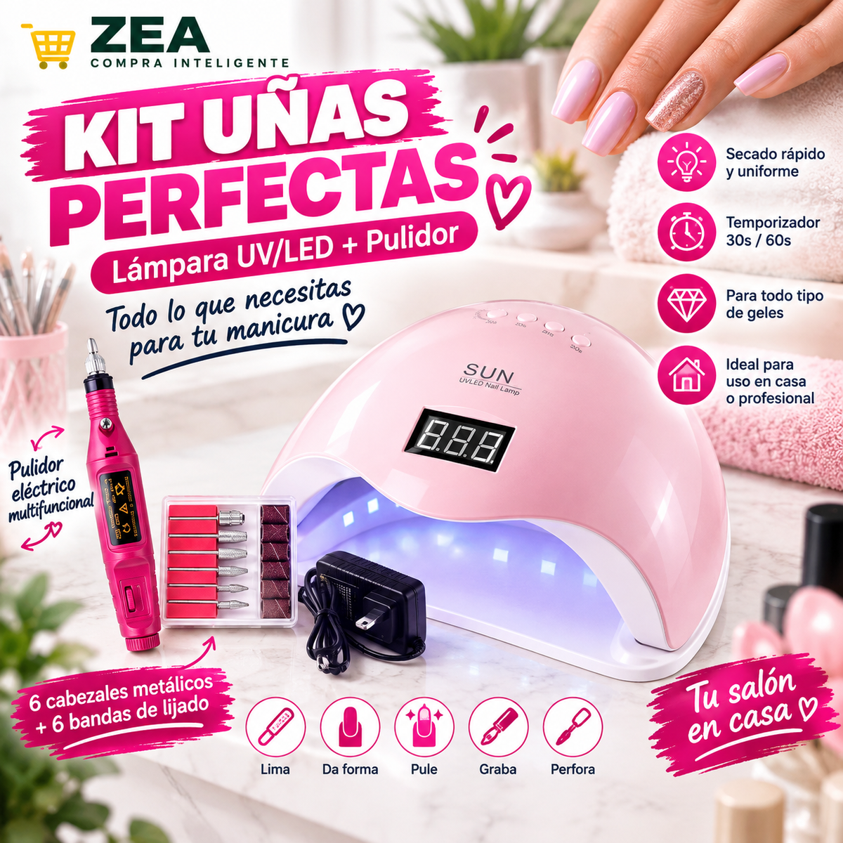 💅Kit Uñas Perfectas | Lámpara UV/LED 48W + Pulidor Eléctrico