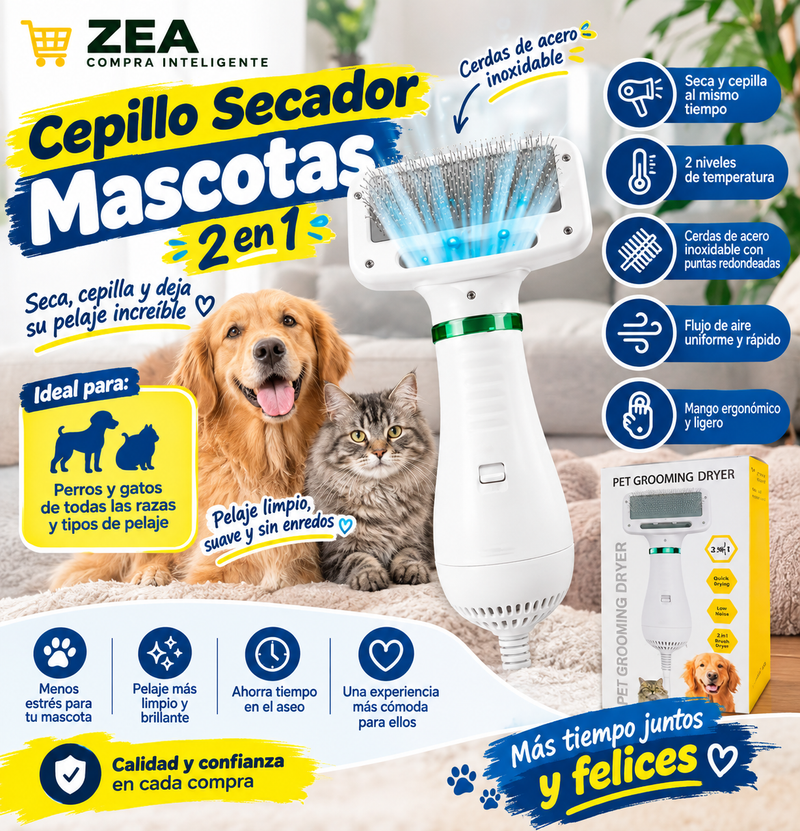 🐾 Cepillo Secador para Mascotas 2 en 1
