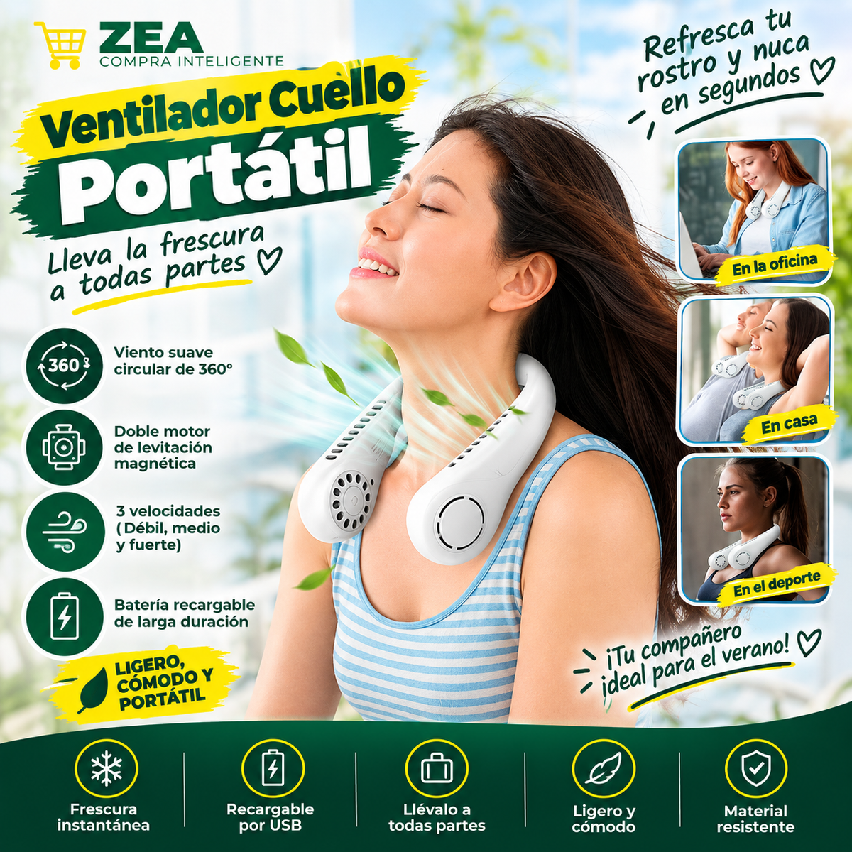 🪭Ventilador de Cuello Portátil 360° – Frescura Manos Libres